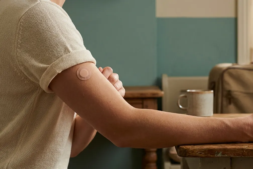 A woman with a small round plaster on her upper arm sits at a kitchen table at home.