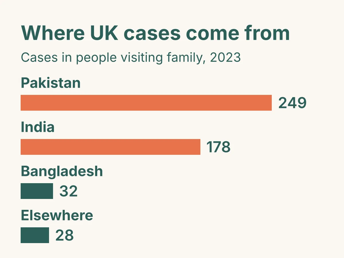 Bar chart of UK typhoid and paratyphoid cases in people visiting family abroad in 2023: Pakistan 249, India 178, Bangladesh 32, elsewhere 28. Source: UKHSA, enteric fever in England, Wales and Northern Ireland, 2023.