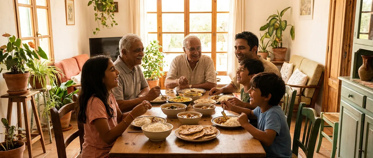 Three generations of a family share a home-cooked meal of rice, curries and flatbreads around a wooden table.