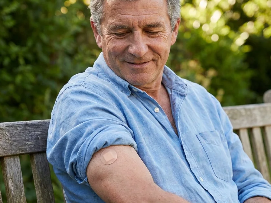 Man sitting on a garden bench with a small plaster on his upper arm after a vitamin B12 injection