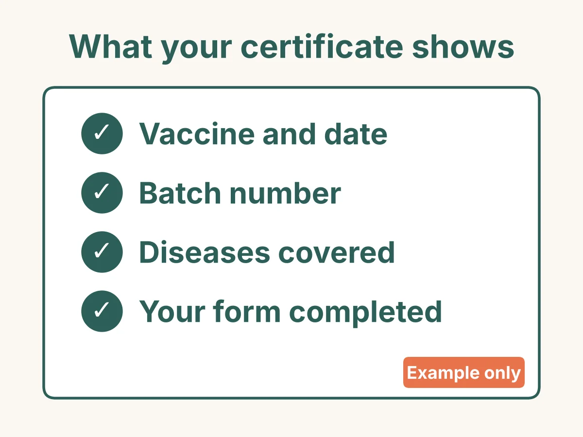 Example checklist of what the certificate shows: the vaccine and date, the batch number, the diseases covered, and your form completed.