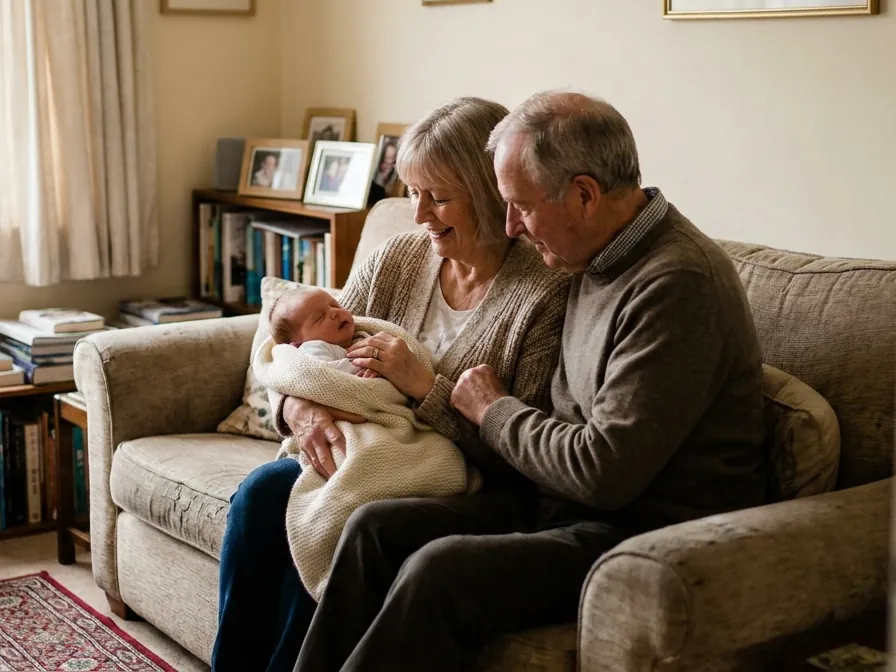 Grandparents on a sofa at home holding a sleeping newborn baby