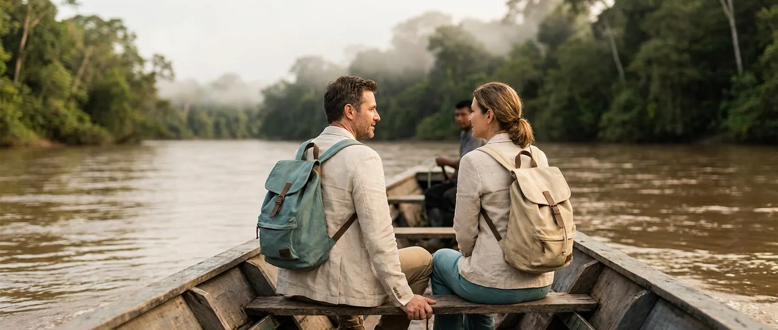 Two travellers with backpacks sit at the front of a small wooden boat on a wide brown river through misty rainforest.
